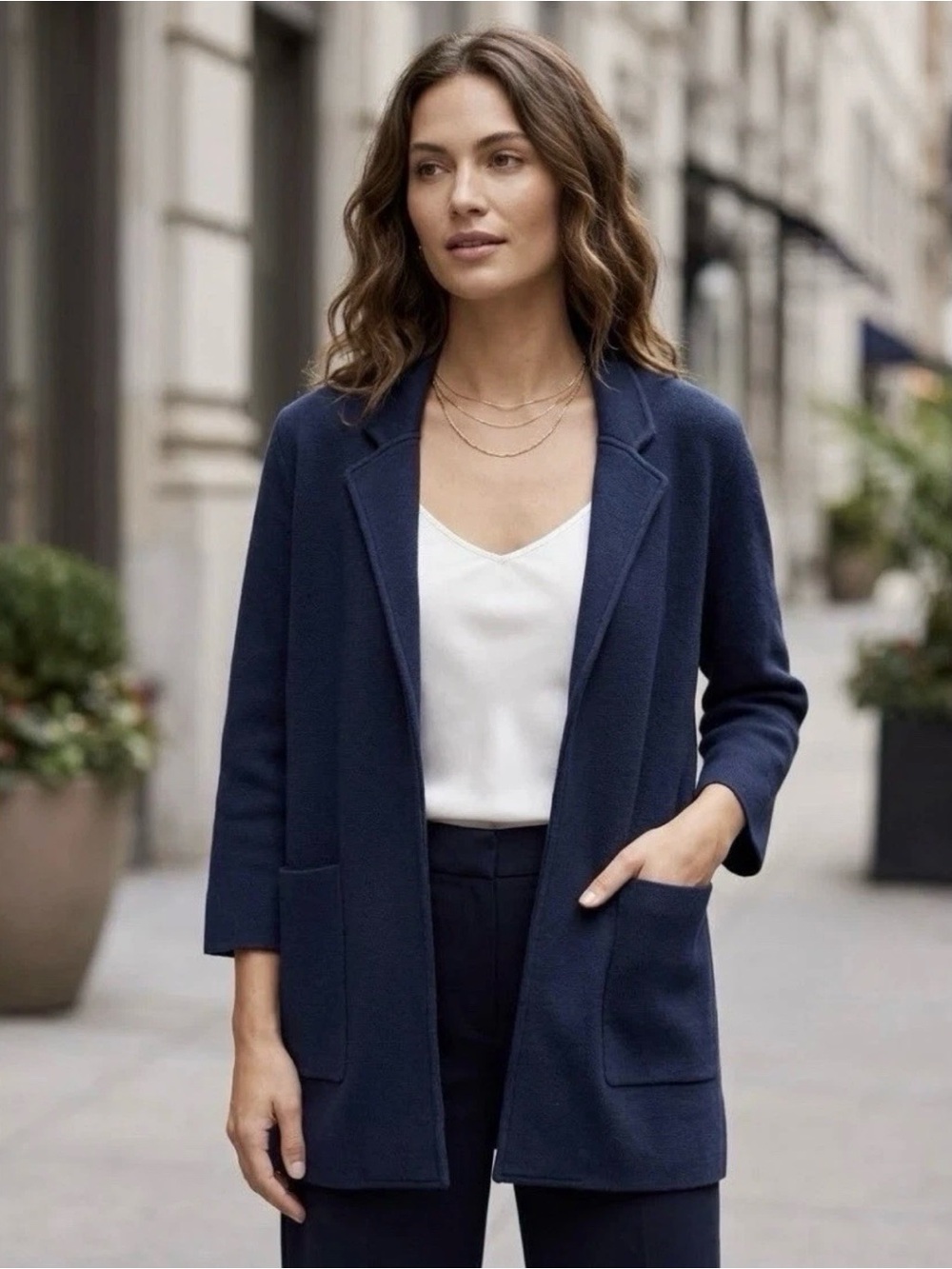 Quince Knit Blazer Navy Blue Open Front Cardigan Sweater Size Small Cotton